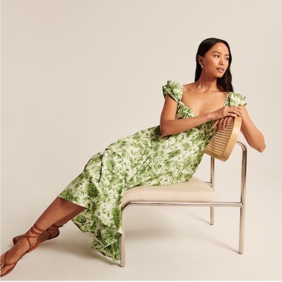 Abercrombie & Fitch Ruffle Sleeve Poplin Midaxi Dress in Green Floral Size XXS - Picture 2 of 6
